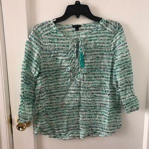 CLEAROUT SALE Ann Taylor Green Black & White Dotted Stripe Tie Neck Blouse S